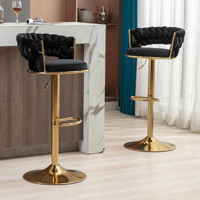 Gold Bar Stool Set of 2, Velvet Swivel Woven Barstools, Height Adjustable Counter Stools with Hollow Back, Upholstered Modern