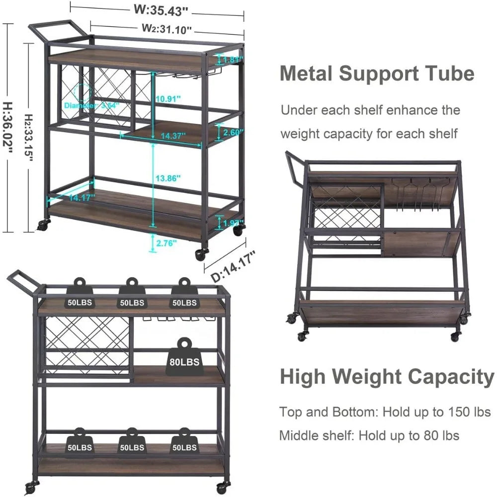 Rustic Rolling Serving Cart on Wheels for Liquor and Alcohol Kitchen Storage Trolley Furniture Cabinet Home