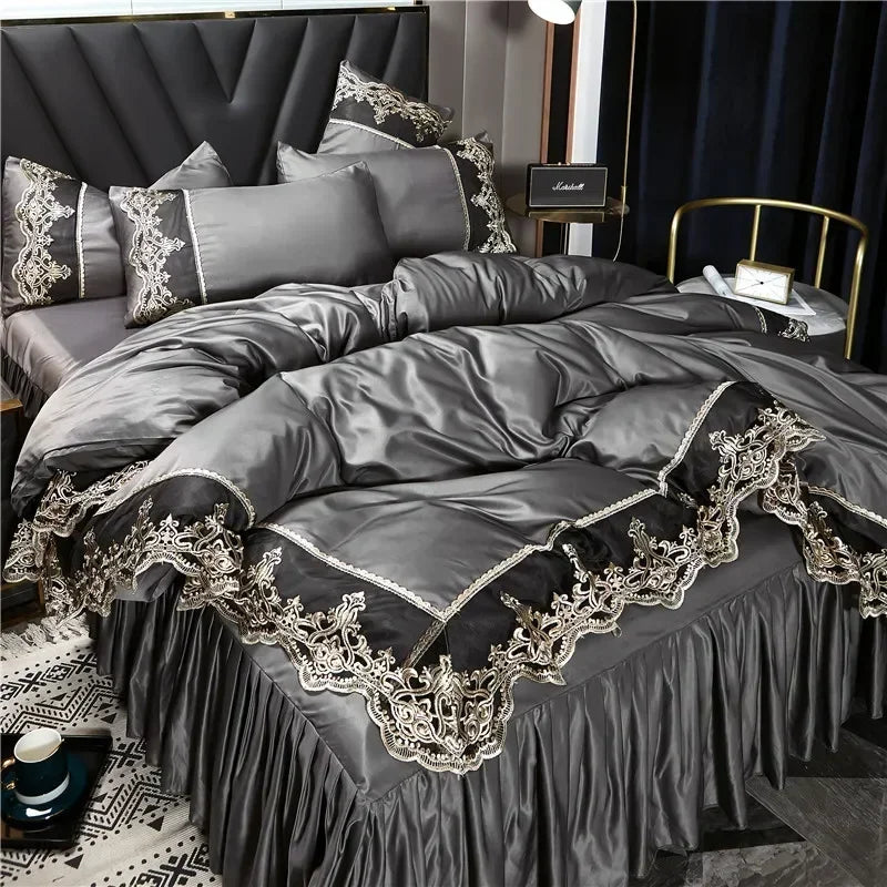 Princess style big lace side bed on four-piece set washed ice silk silk silk bed skirt white bedspread
