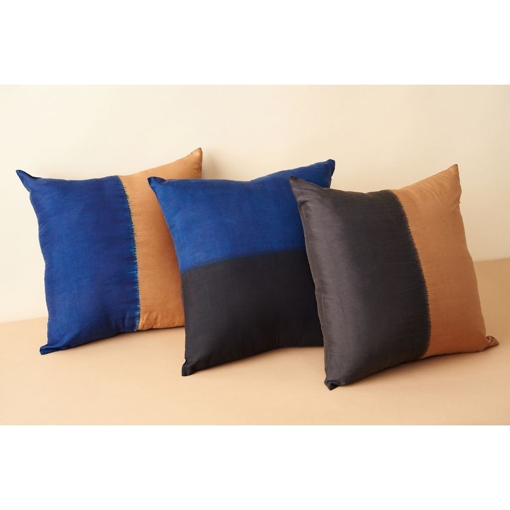 Aakar Mor Color Block Mulberry Silk Pillow - Bluepandahomedecor
