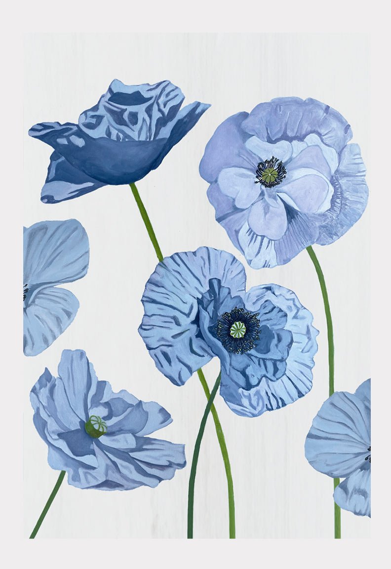 Art Print: Blue Poppies on Pale Grey - Bluepandahomedecor