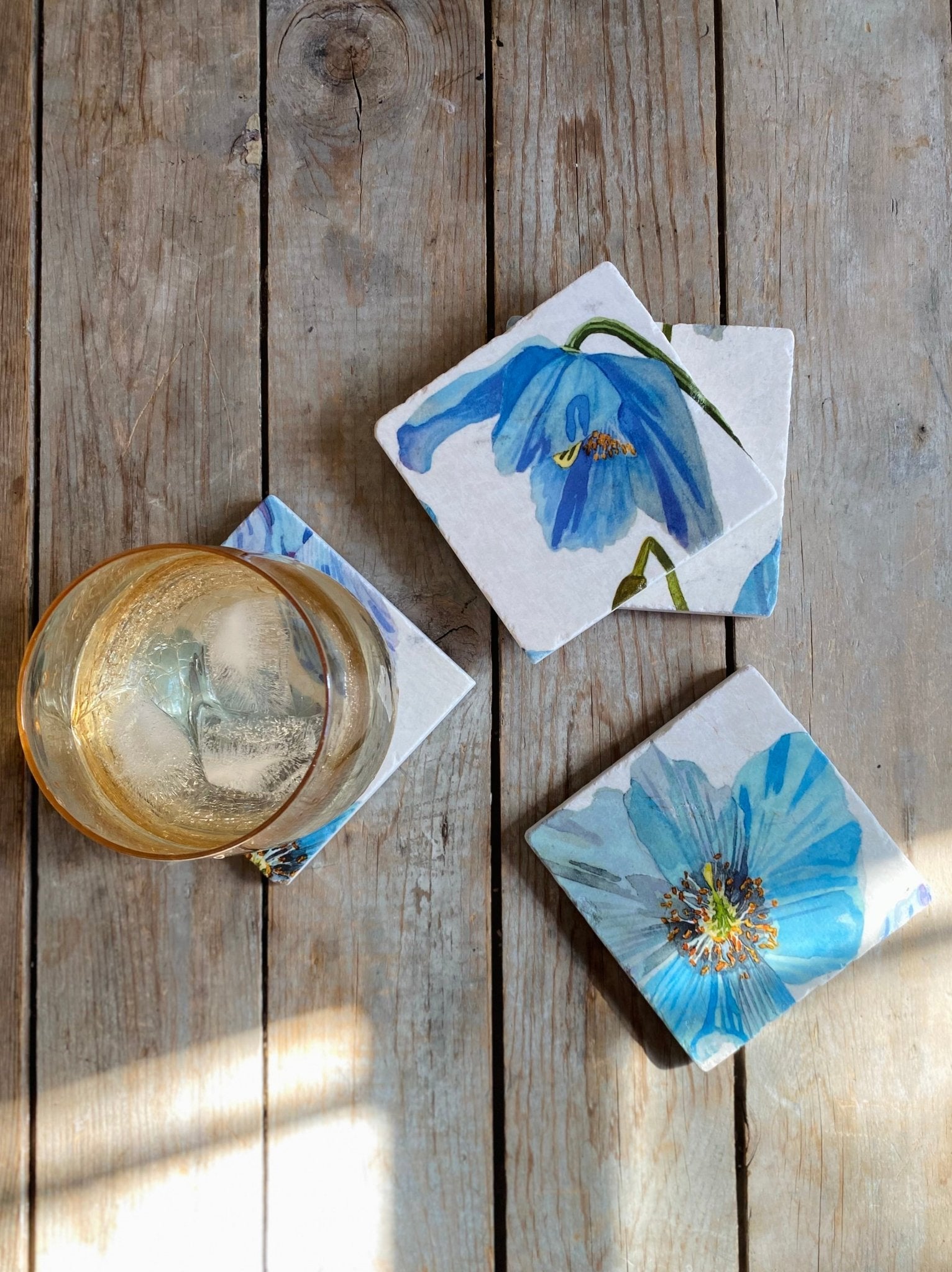 Coaster Set: Himalayan Blue Poppies on Ecru - Bluepandahomedecor