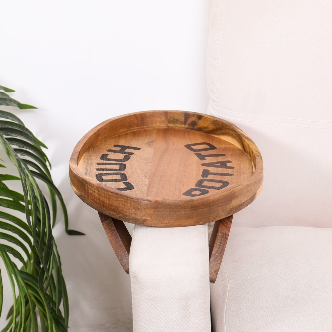 Couch Potato Tray - Smart Clip - On Sofa Tray Made of Acacia Wood - Bluepandahomedecor