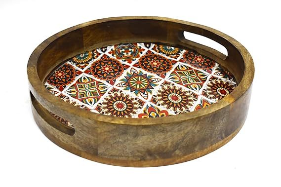 Decorative Round Wooden Enamel Tray for Decor - Beautiful Mango Wood