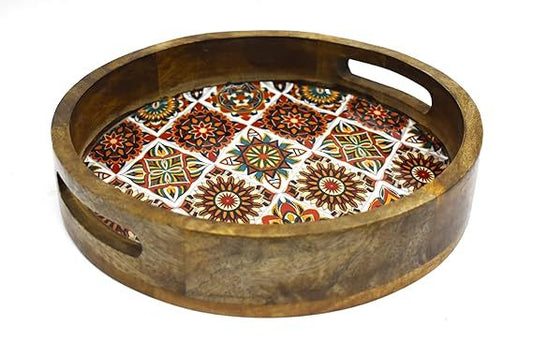 Decorative Round Wooden Enamel Tray for Decor - Beautiful Mango Wood