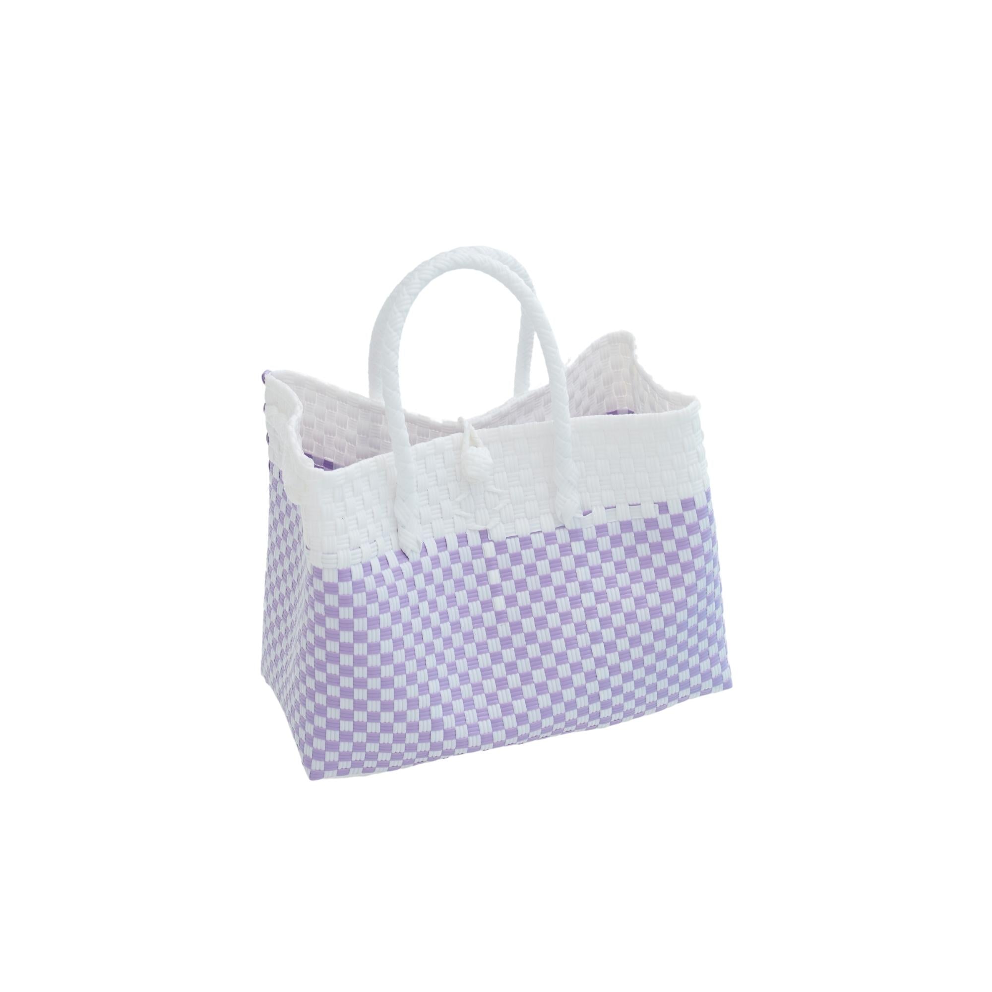 Lola Recycled Plastic Woven Tote Large - White and Lite Purple Checker - Bluepandahomedecor