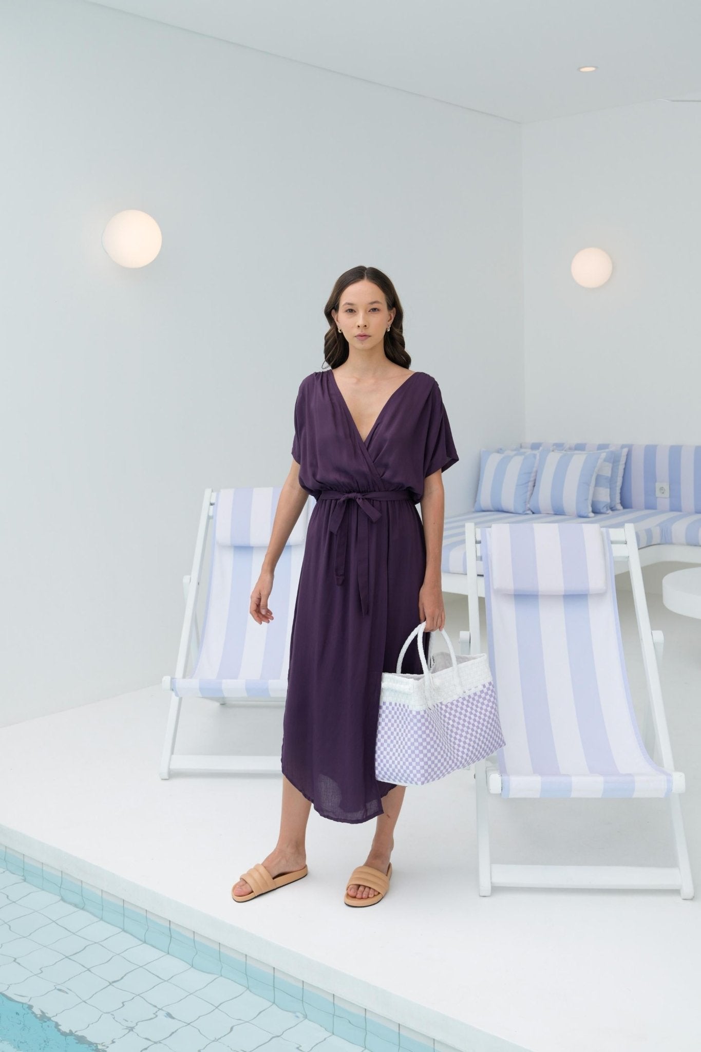 Lola Recycled Plastic Woven Tote Large - White and Lite Purple Checker - Bluepandahomedecor