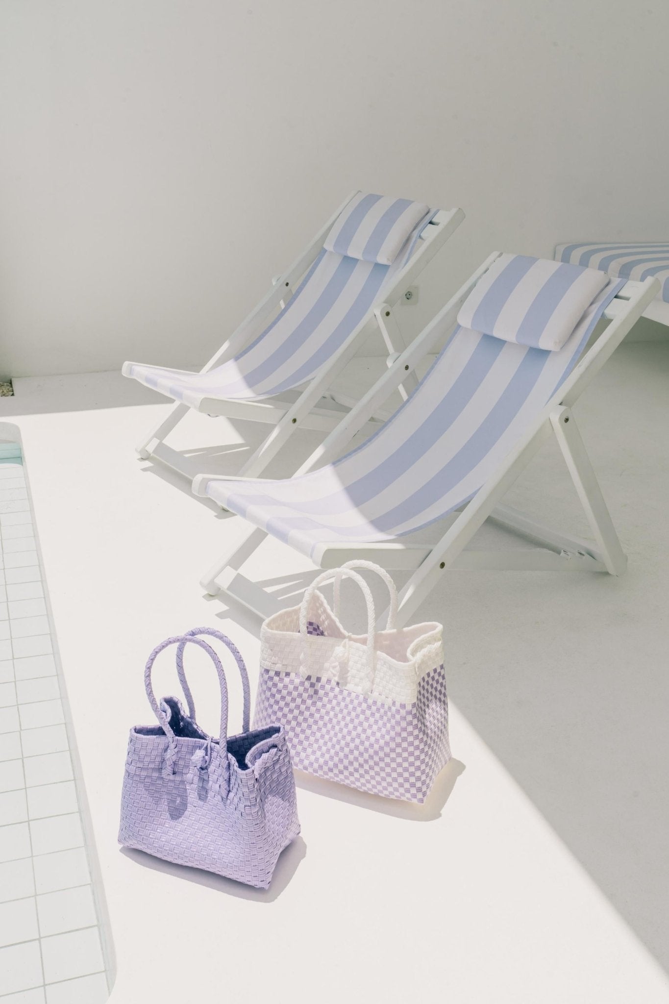 Lola Recycled Plastic Woven Tote Large - White and Lite Purple Checker - Bluepandahomedecor