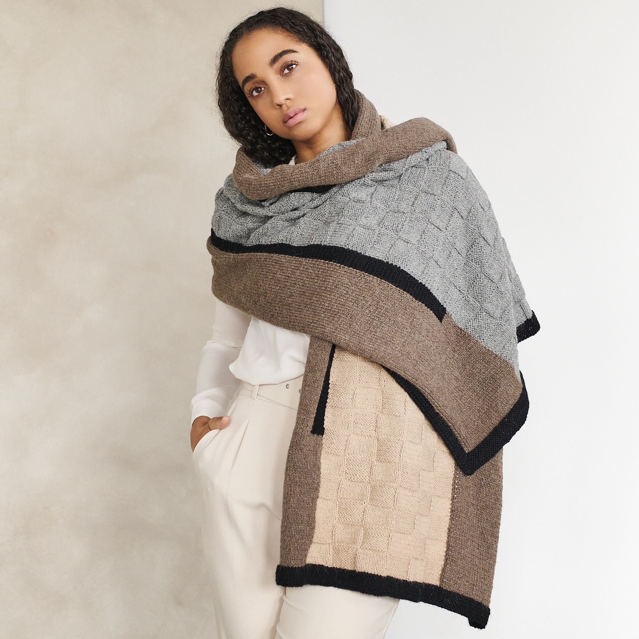 Muhu Brown Gray Hand Knitted Peruvian Alpaca Blanket / Large Plush Scarf - Bluepandahomedecor