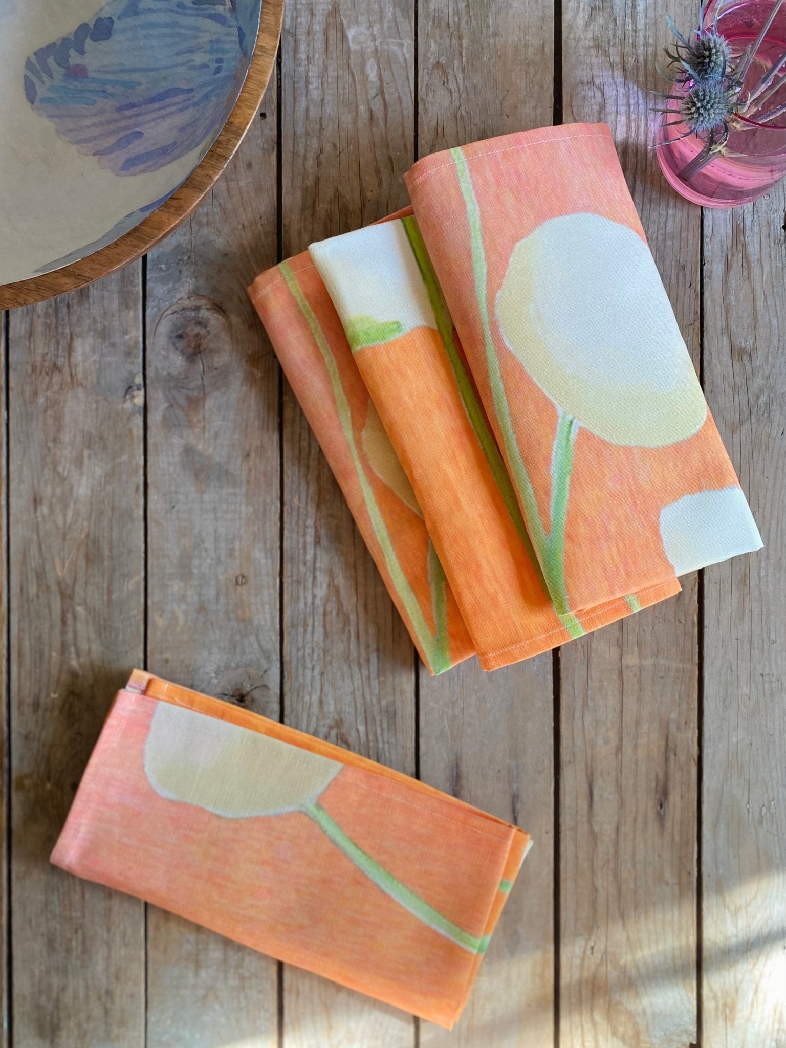 Napkin Set: Cream Flowers on Orange - Bluepandahomedecor