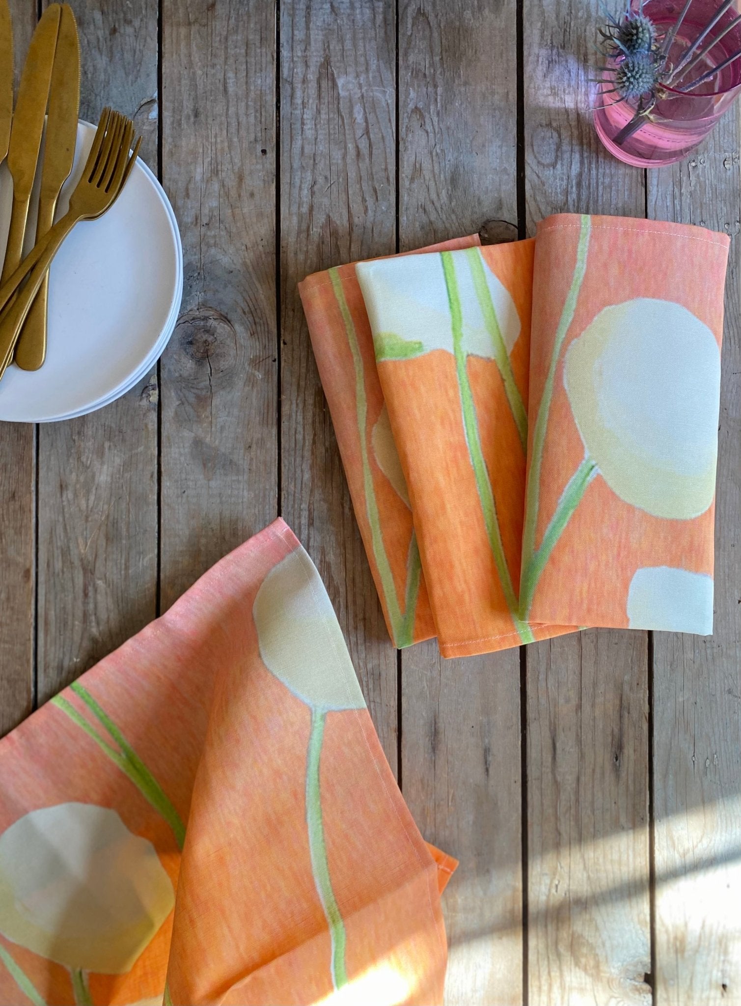Napkin Set: Cream Flowers on Orange - Bluepandahomedecor