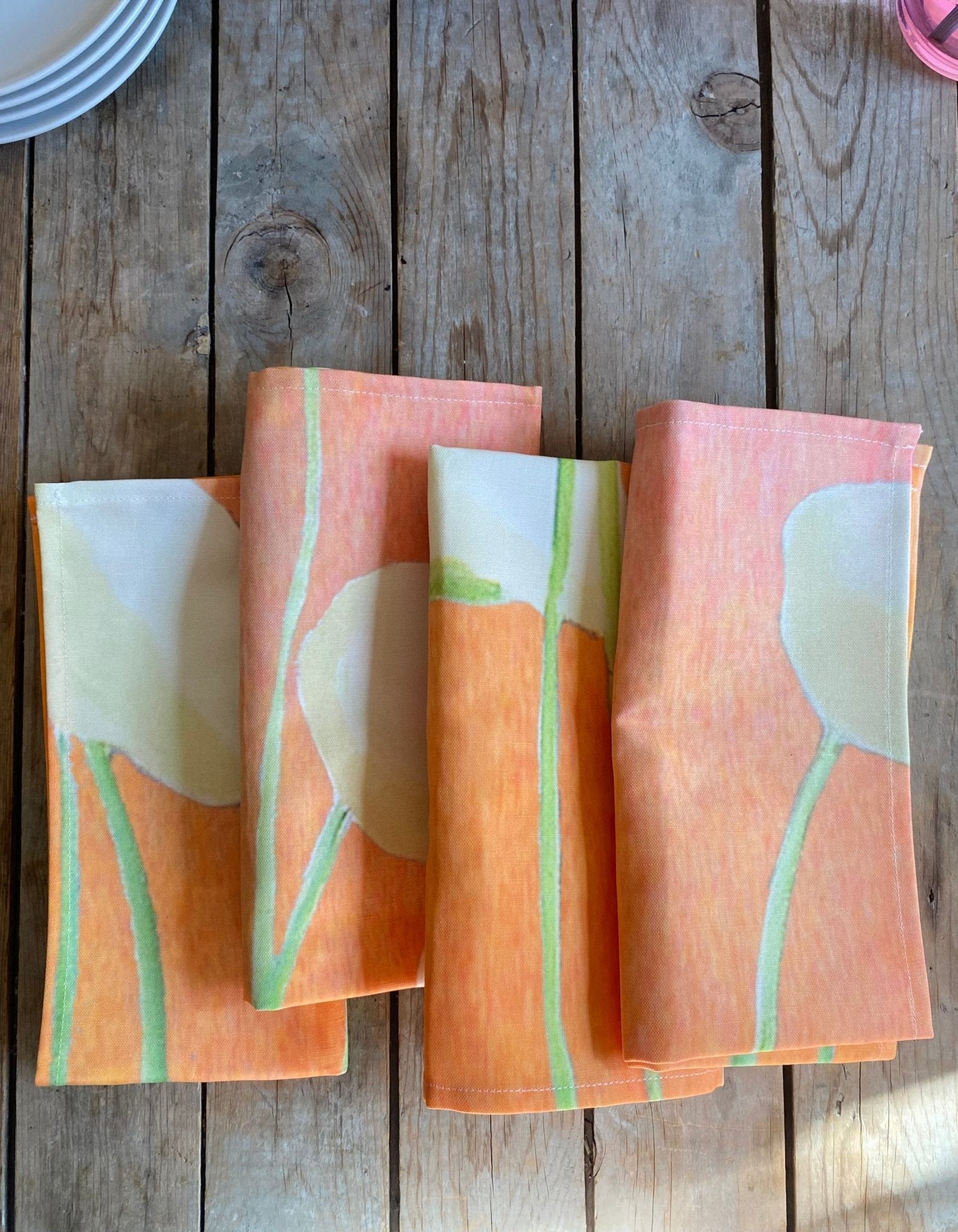 Translation missing: en.Napkin Set: Cream Flowers on Orange - Bluepandahomedecor: KITCHEN ITEMS