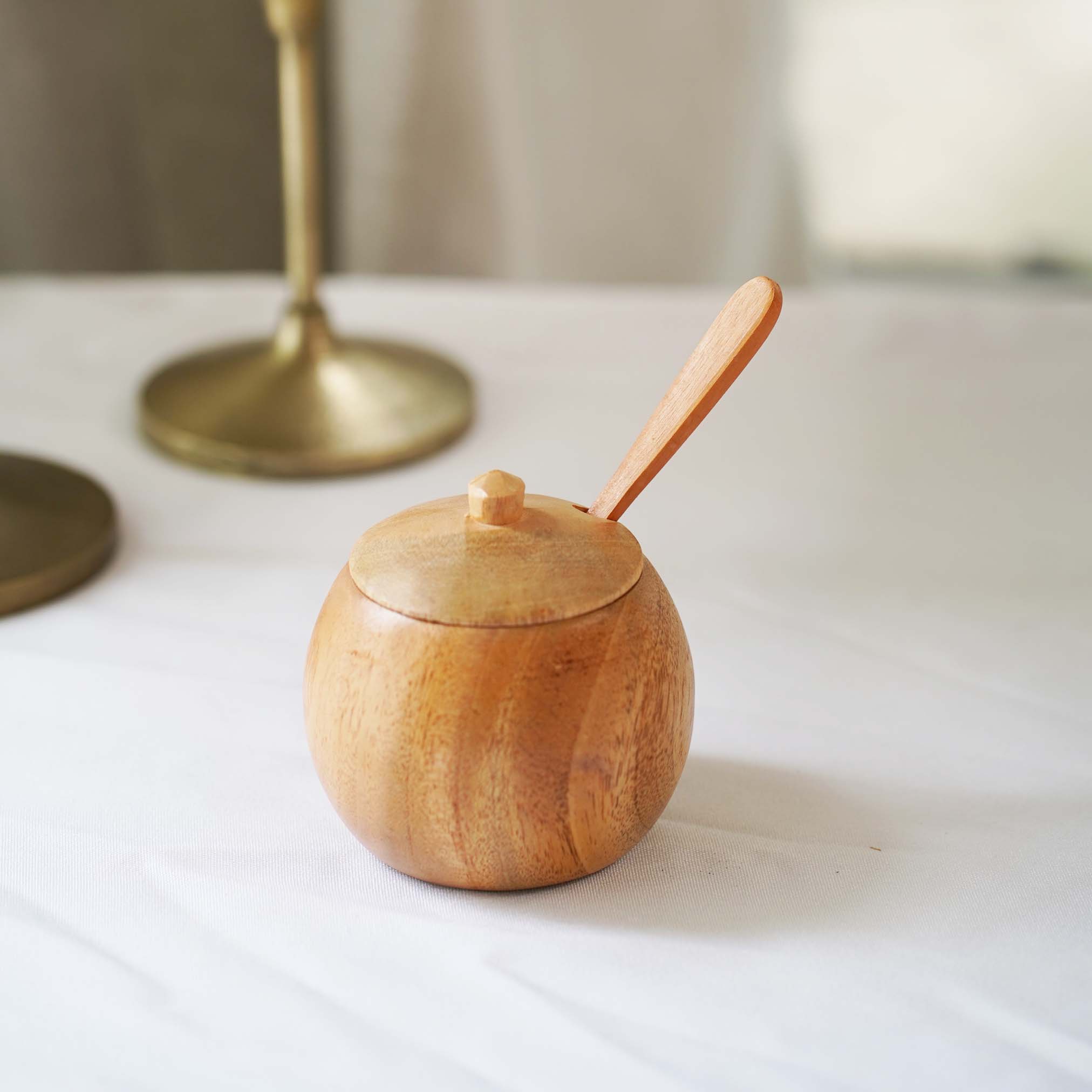 Small Teak Wood Seasoning Bowl with Spoon, Handturned Wooden Spice Jar - Bluepandahomedecor