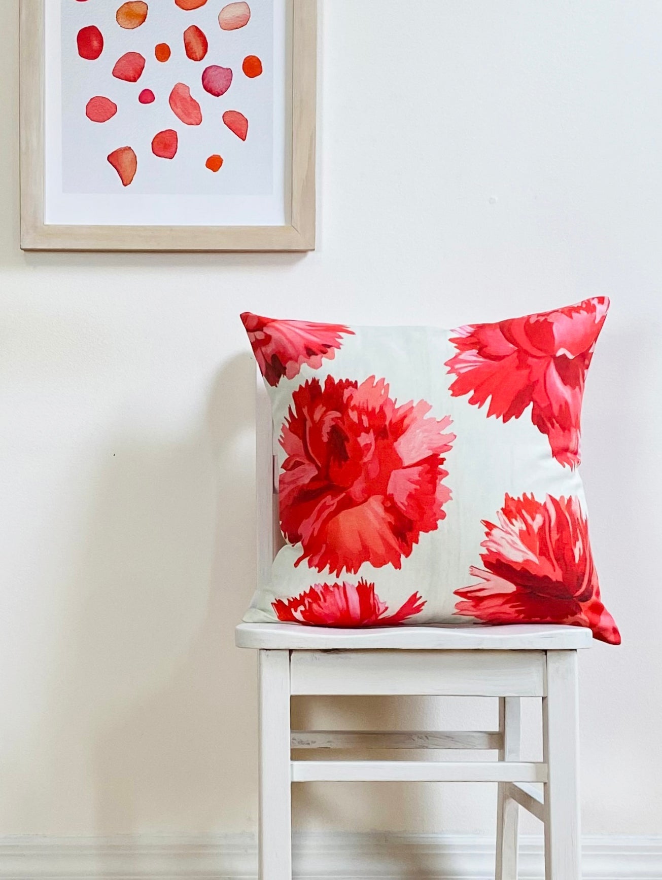 Translation missing: en.Throw Pillow: Red Carnations on Snow - Bluepandahomedecor: LIVING ROOM PILLOW