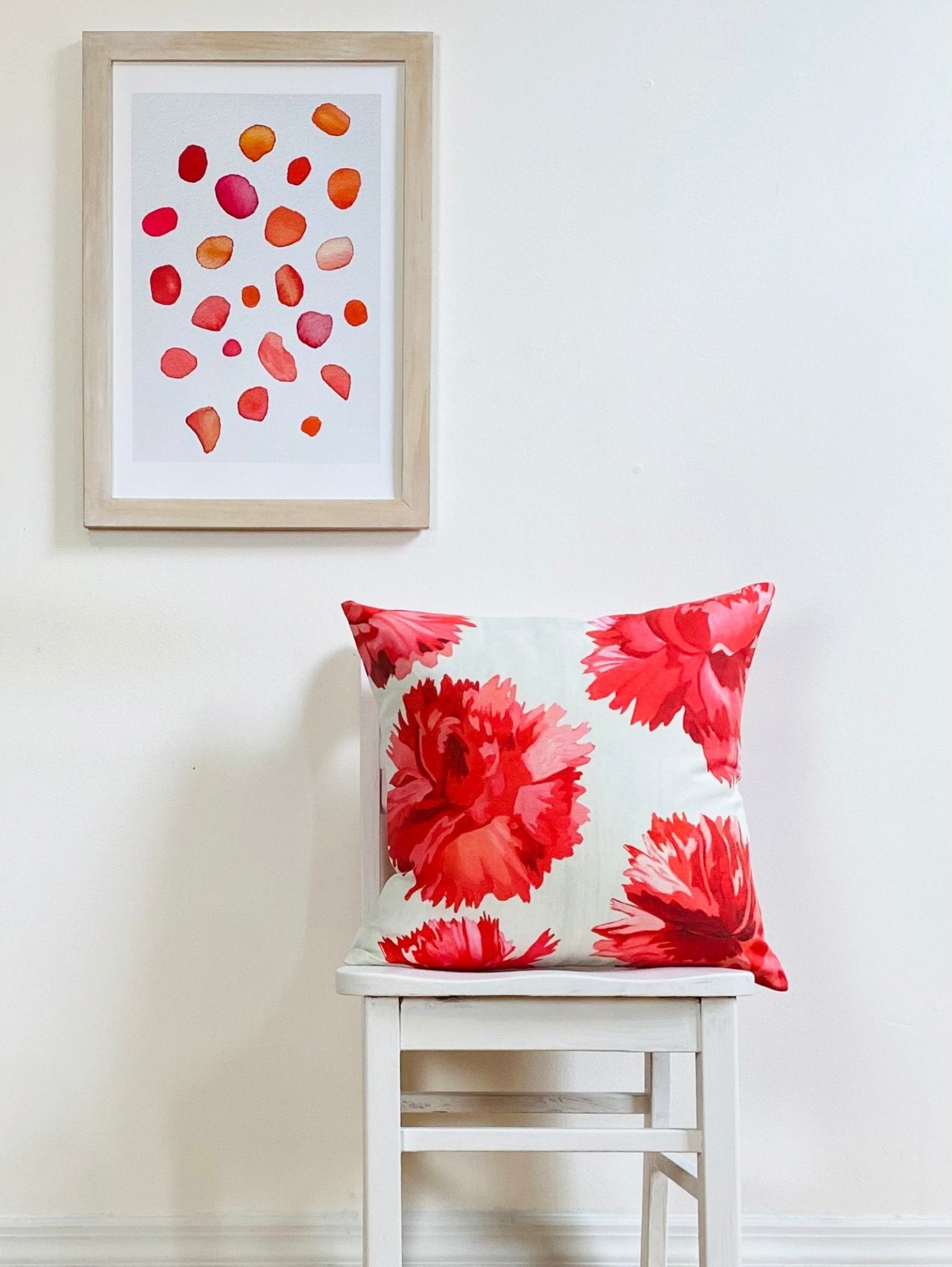 Throw Pillow: Red Carnations on Snow - Bluepandahomedecor